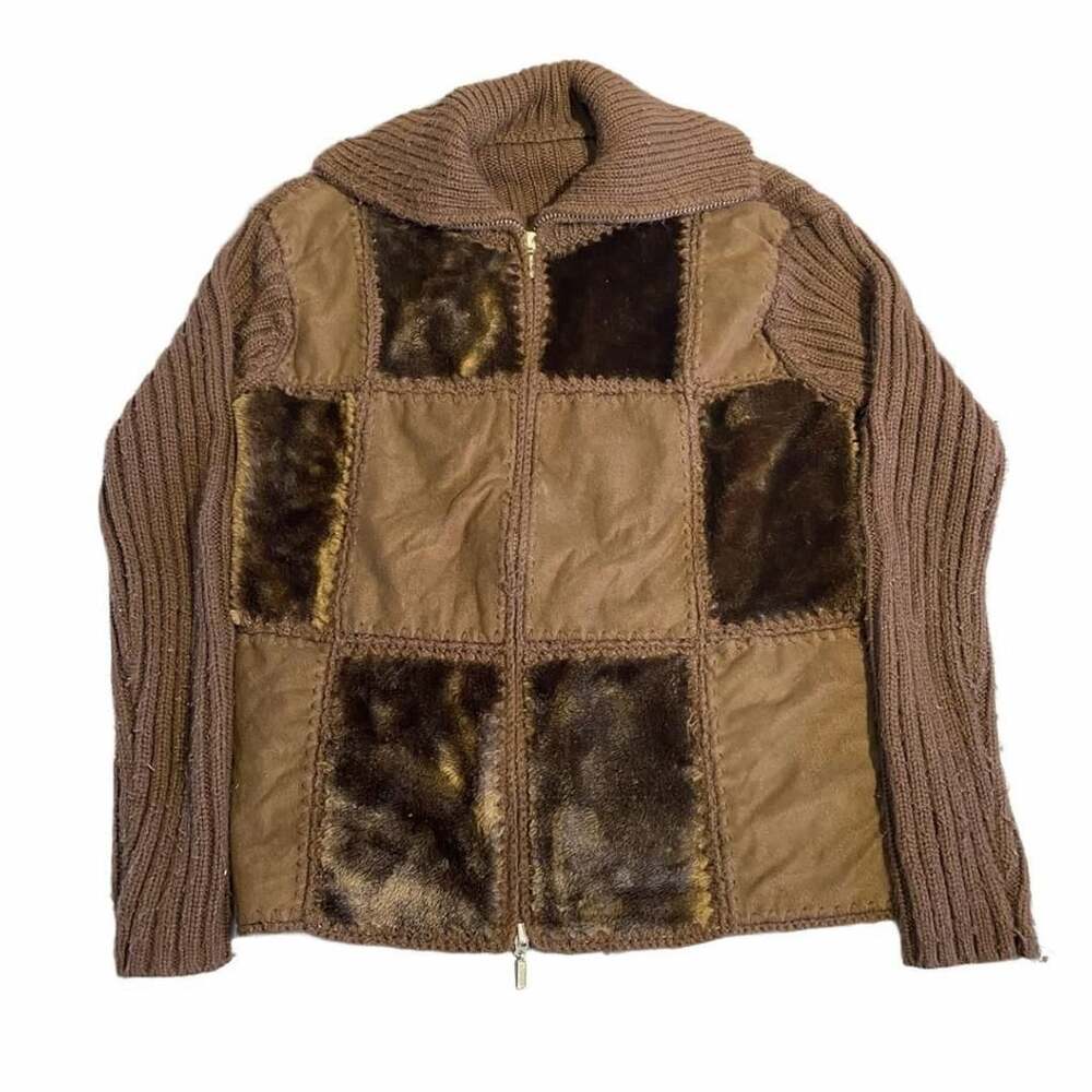 Designers Originals Patchwork Leather Front Zip Up Cardigan Sweater Brown